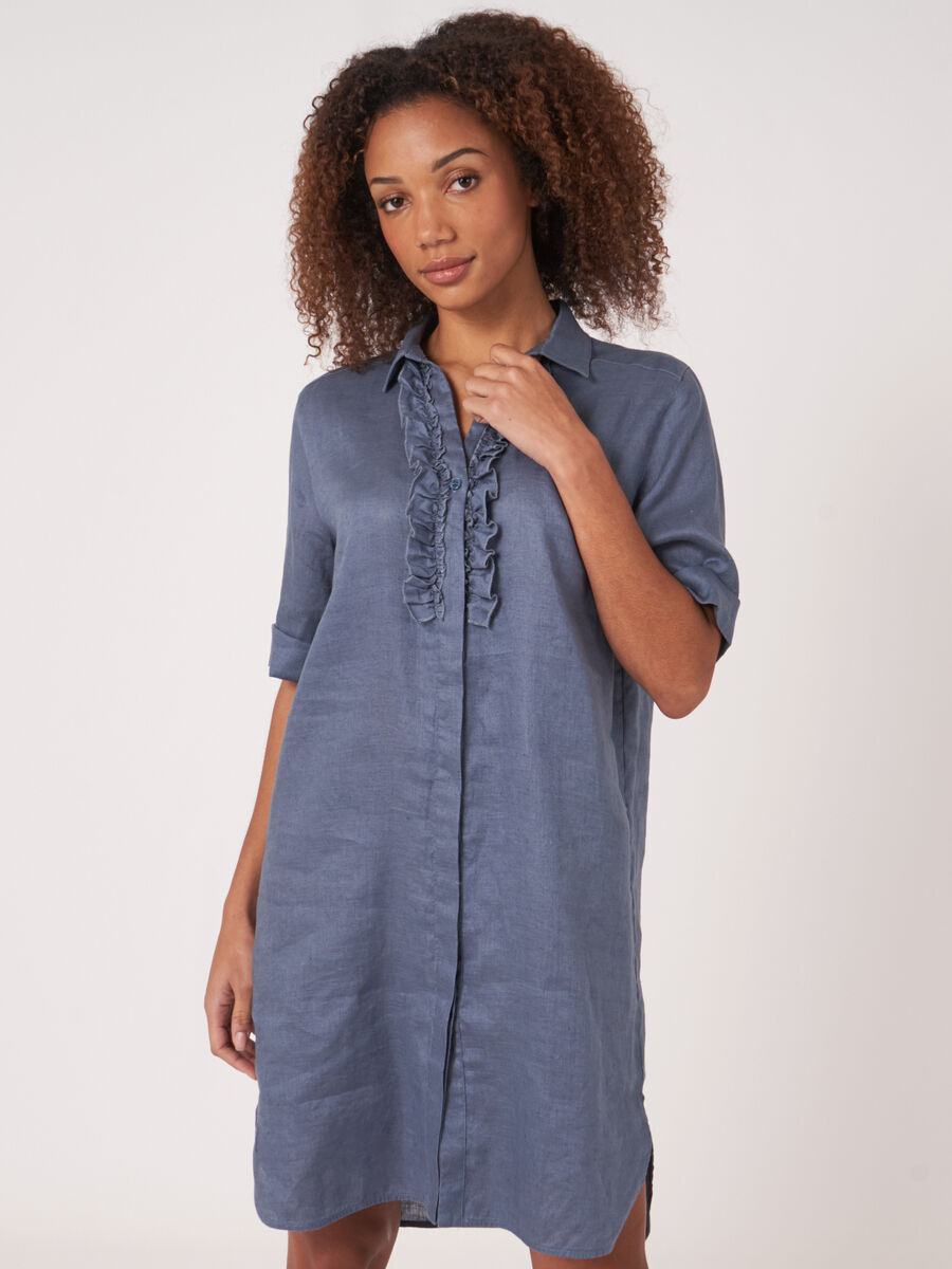 Women's Pure linen shirt dress with ruffle detail REPEAT cashmere