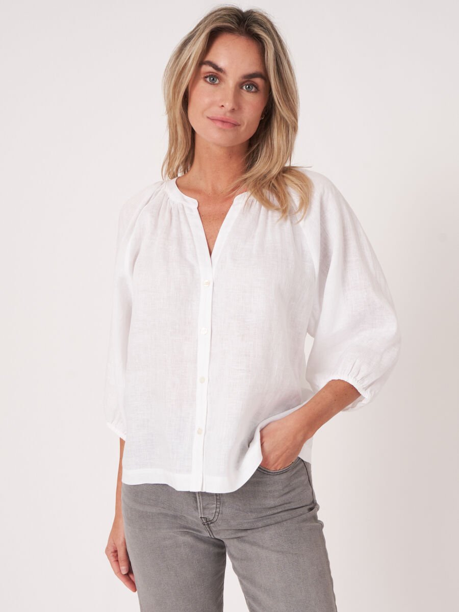 Buttoned linen puff sleeve blouse image number 0