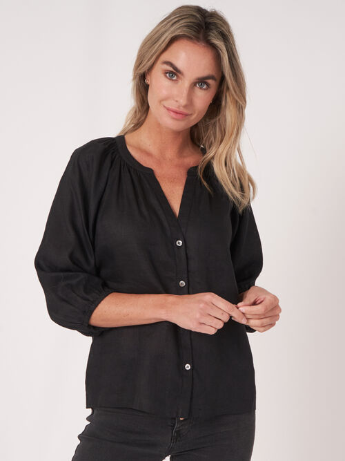 Geknöpfte Leinenbluse mit Puffärmeln