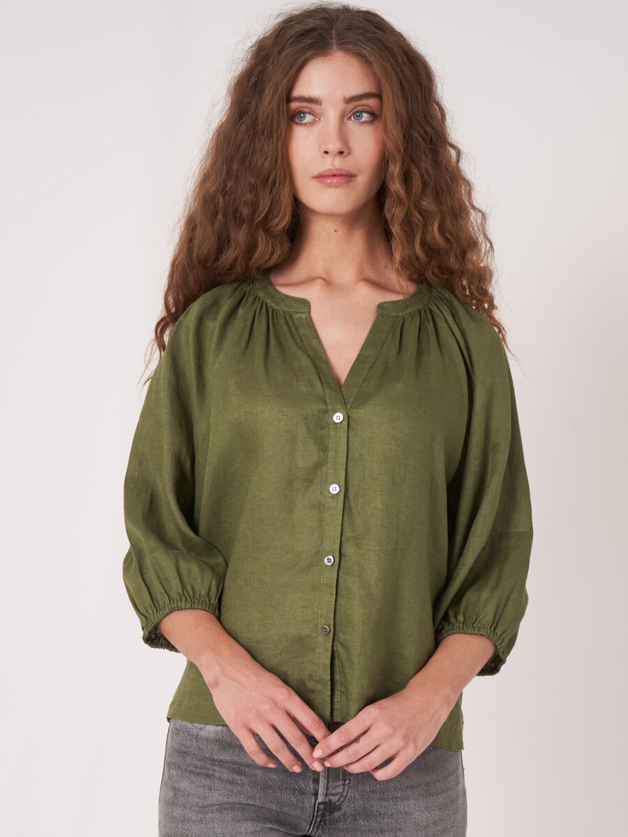 Buttoned linen puff sleeve blouse image number 0