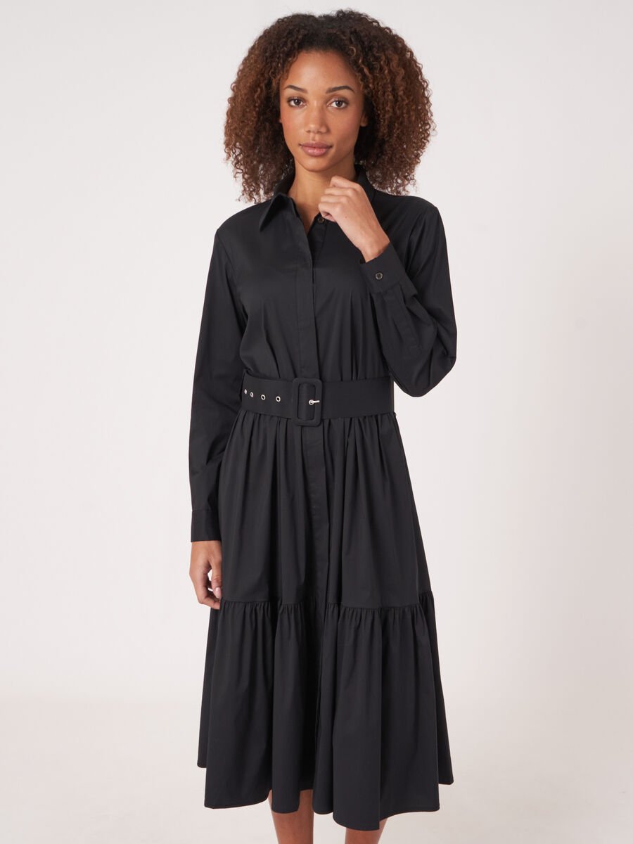 Tiered cotton blend shirt dress with belt image number 0