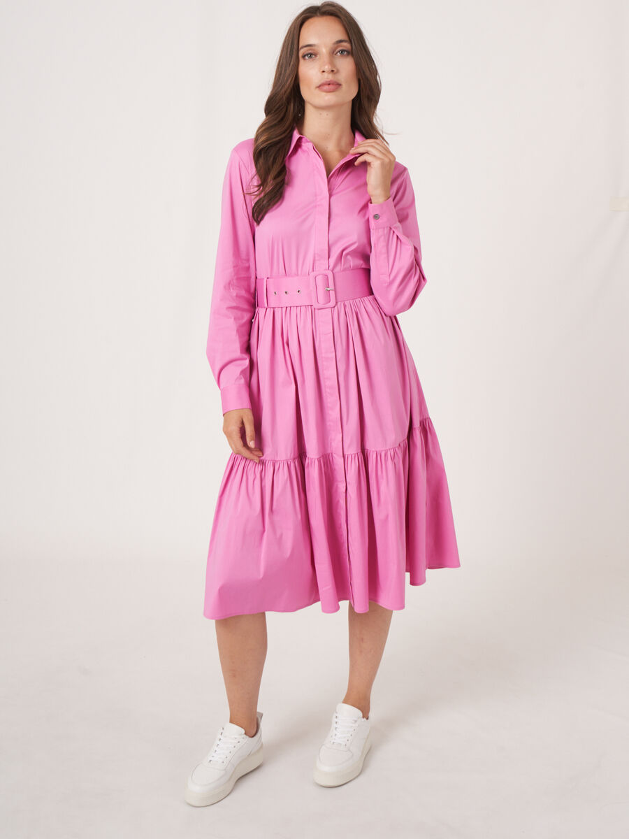 Tiered cotton blend shirt dress with belt image number 1