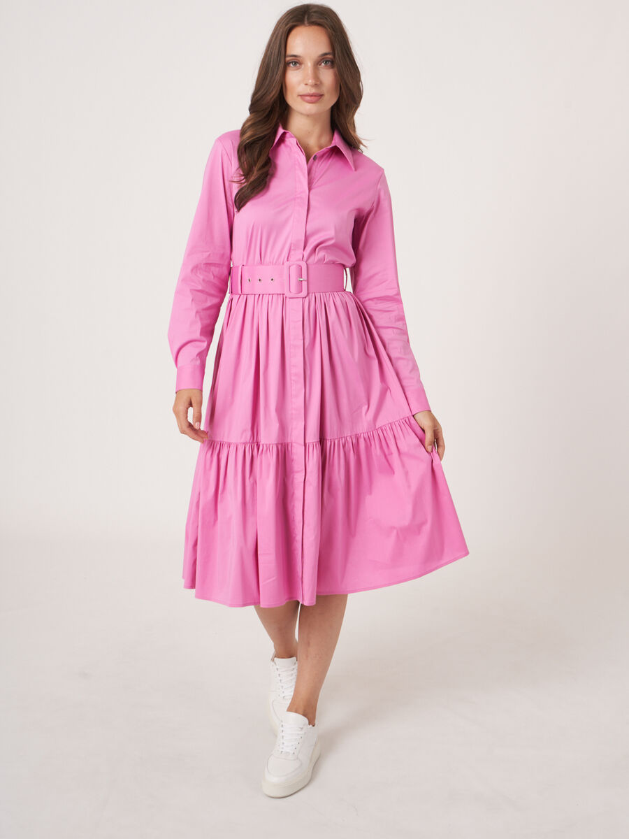 Tiered cotton blend shirt dress with belt image number 7