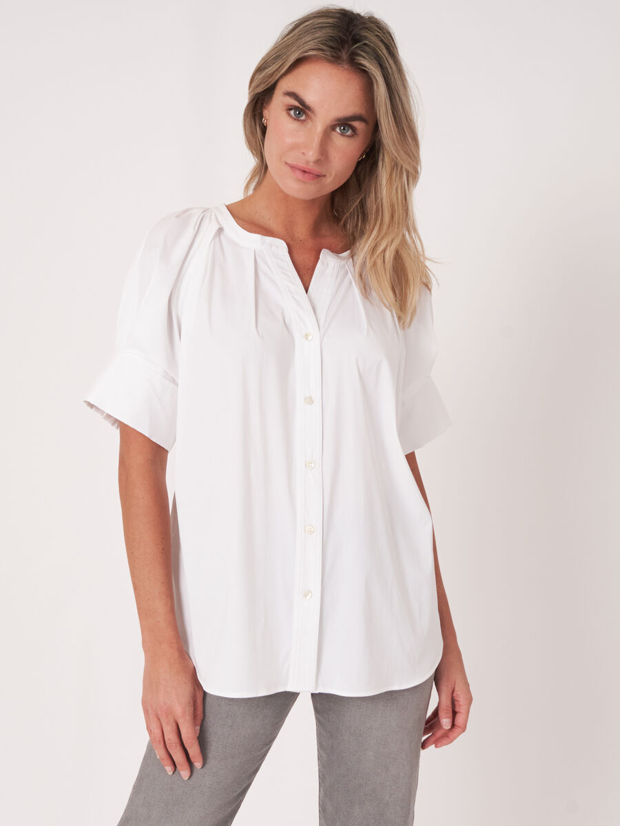 Cotton blend blouse with short turn-up raglan puff sleeves image number 0