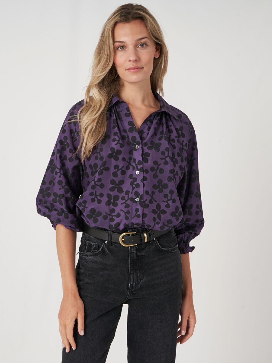 Floral print cotton silk blend blouse image number 0