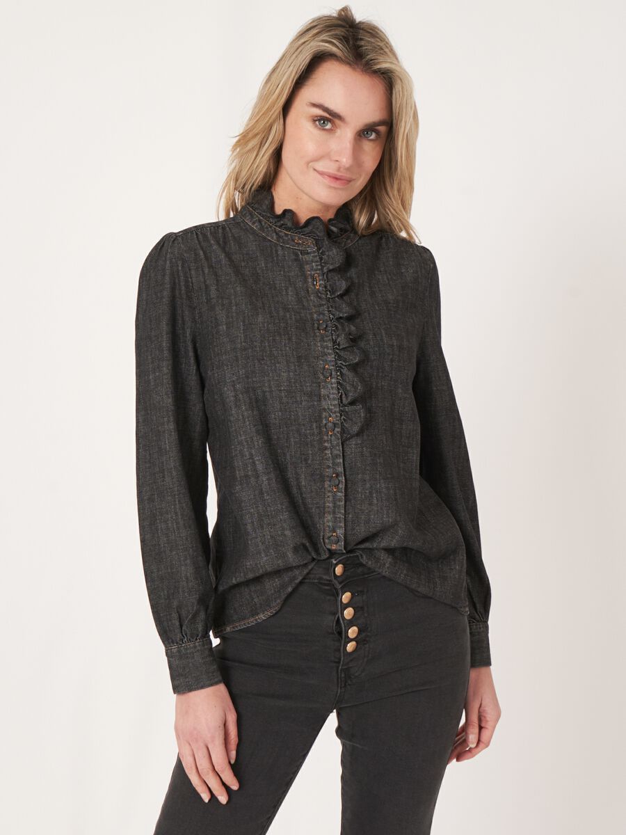 Buttoned denim blouse with frill image number 0