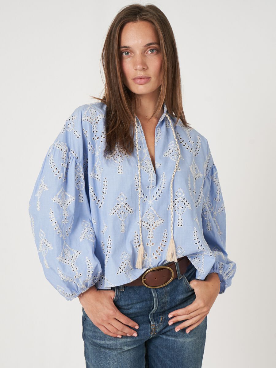 Embroidered blouse with tie with tassel image number 0