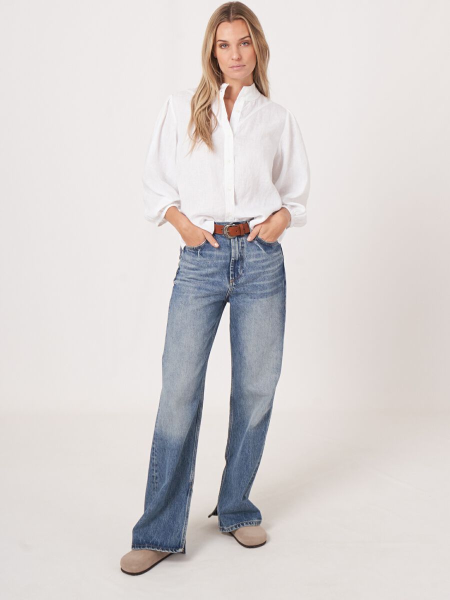 Linen blouse with stand-up collar and snap buttons image number 5