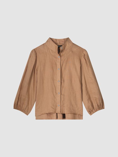 Linen blouse with stand-up collar and snap buttons