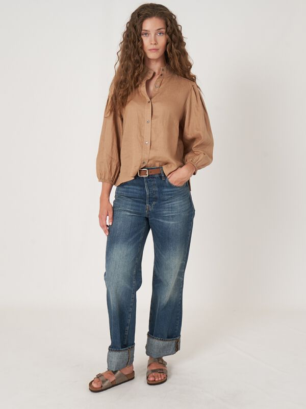 Chemisier en lin &agrave; col montant et boutons pression image number 6