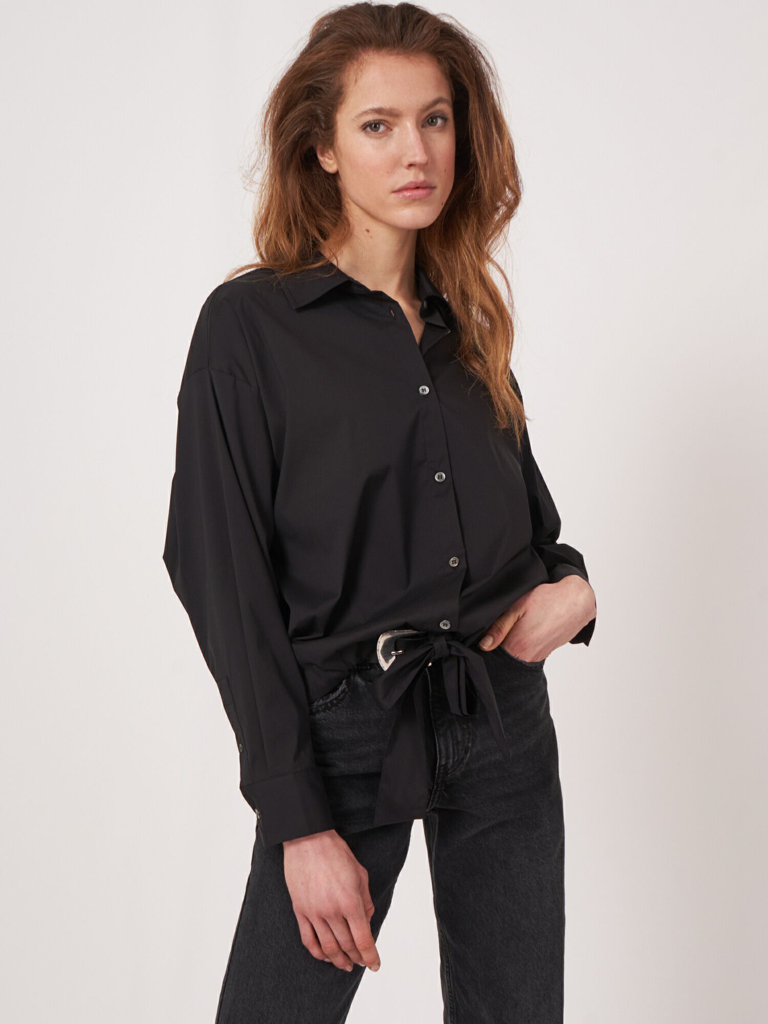 Popeline blouse met trekkoord