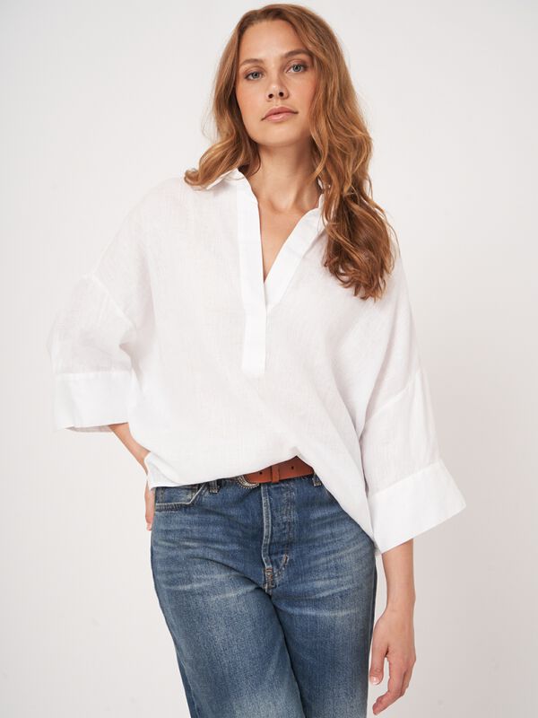 Oversized linnen blouse met polokraag image number 7
