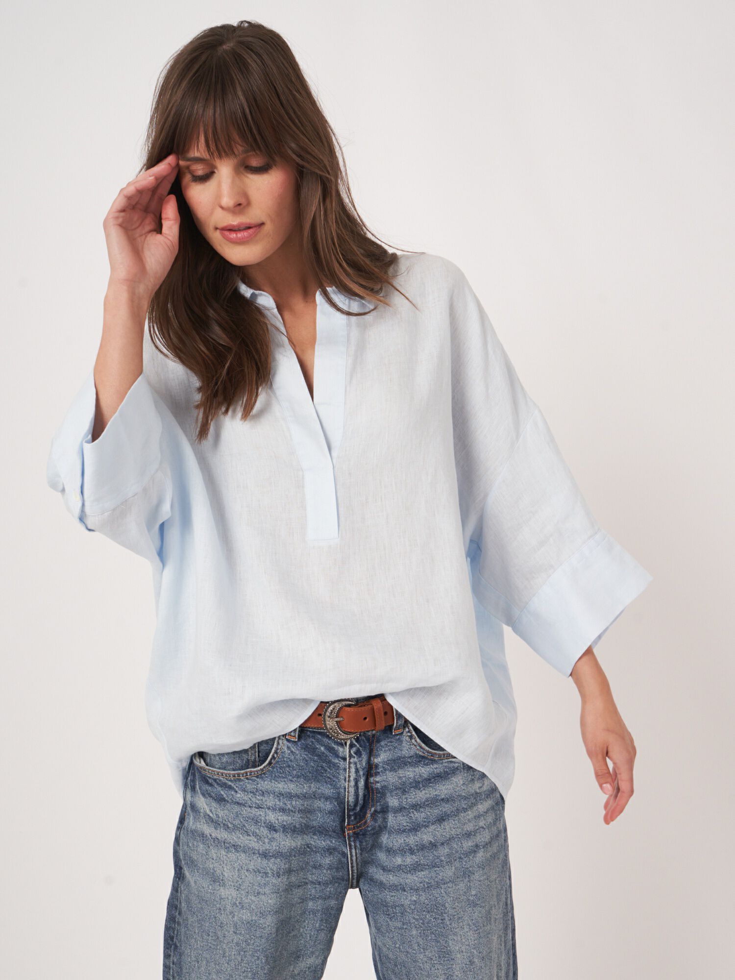 Oversized linnen blouse met polokraag