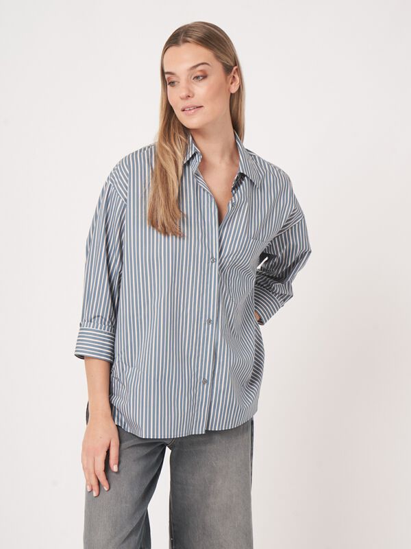 Katoenen shirt met strepen en omgeslagen manchetten image number 1