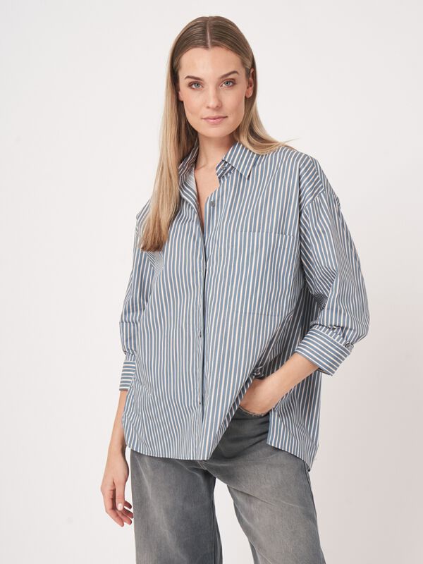 Katoenen shirt met strepen en omgeslagen manchetten image number 4