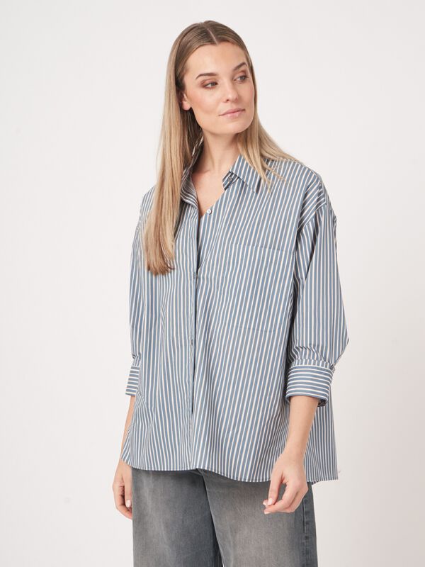 Katoenen shirt met strepen en omgeslagen manchetten image number 5