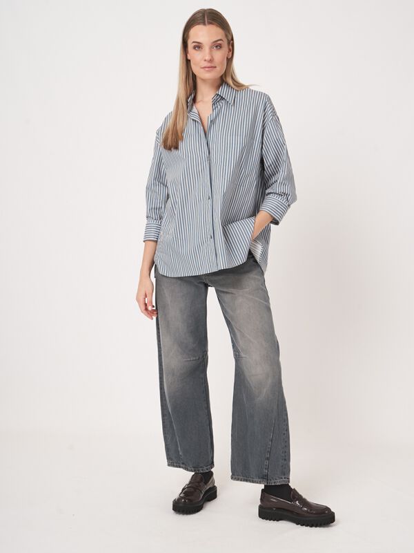 Katoenen shirt met strepen en omgeslagen manchetten image number 6