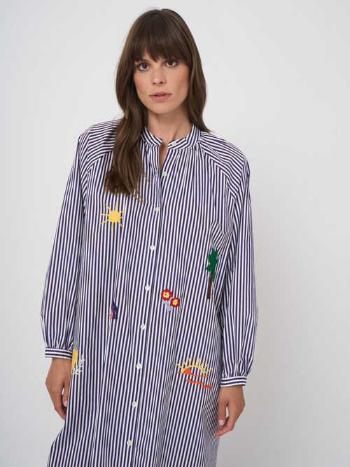 Damen Midikleid aus Baumwolle mit Streifen & Stickerei