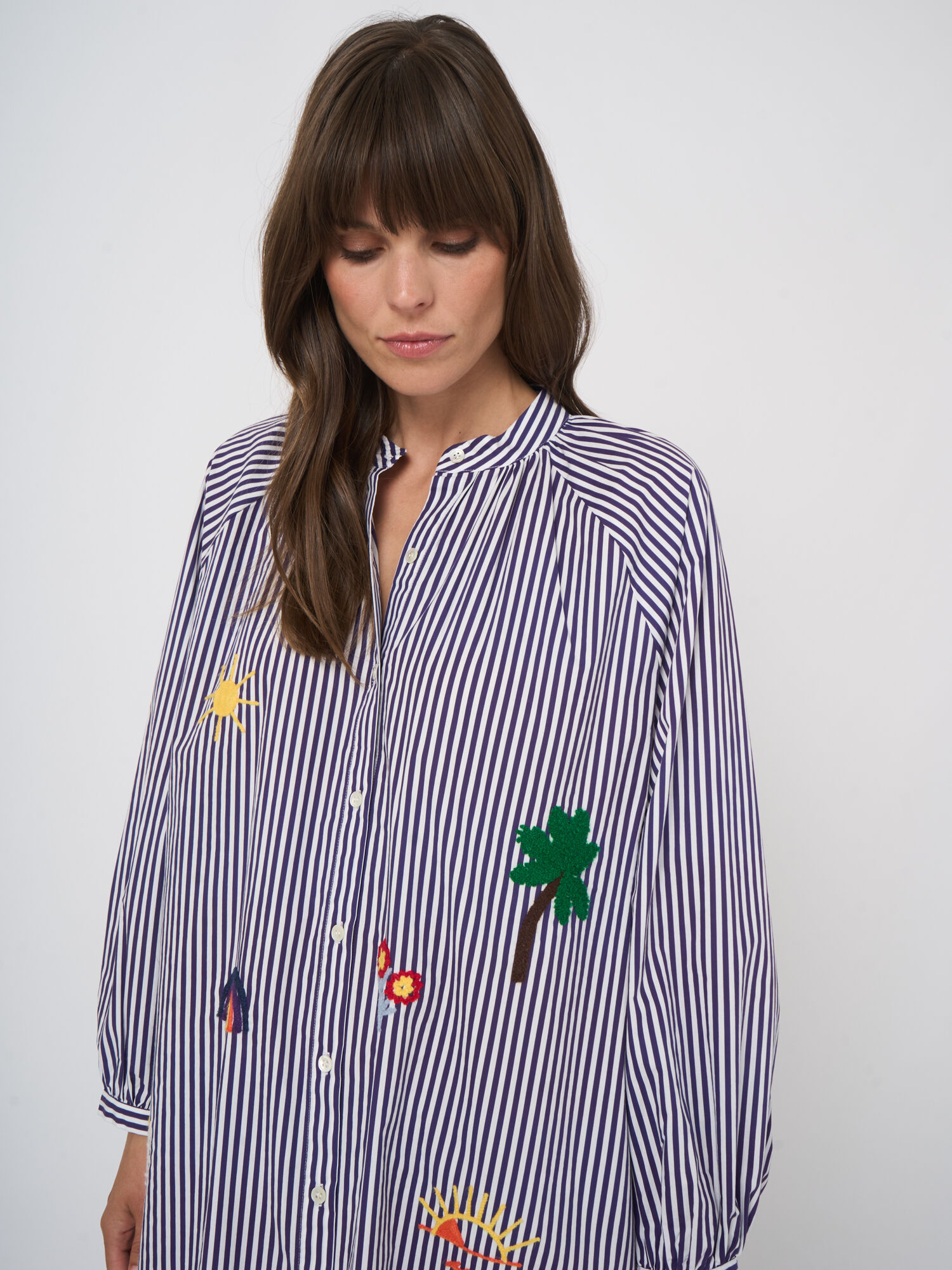 Women's striped cotton midi dress with embroidery