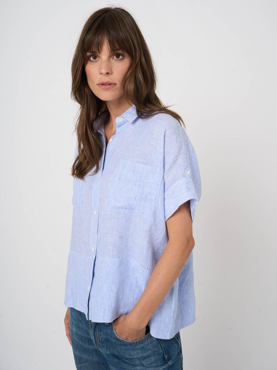 Chemisier femme ray&eacute; en pur lin, coupe boxy image number 0