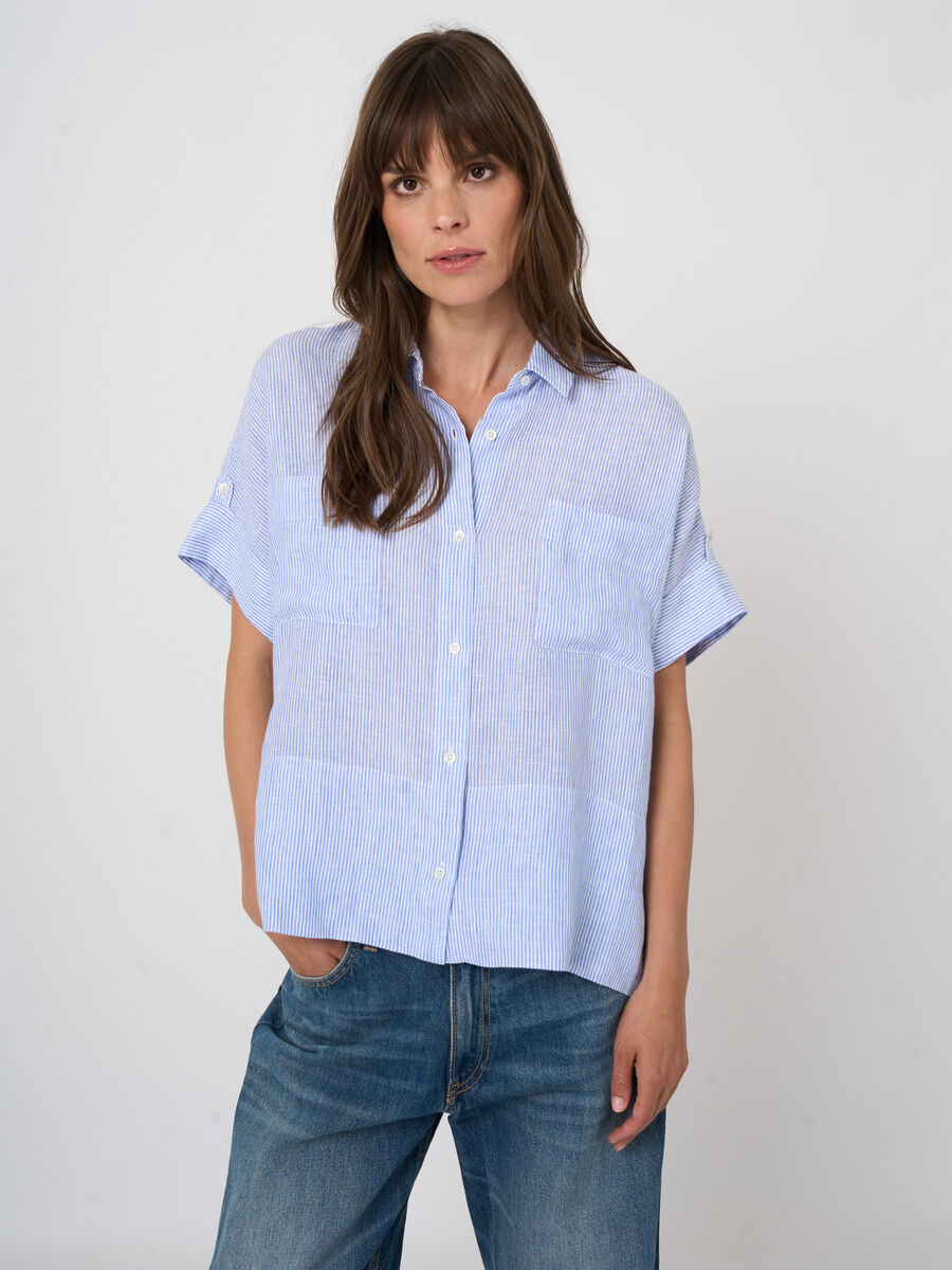 Gestreifte Damen-Boxy-Bluse aus reinem Leinen image number 1