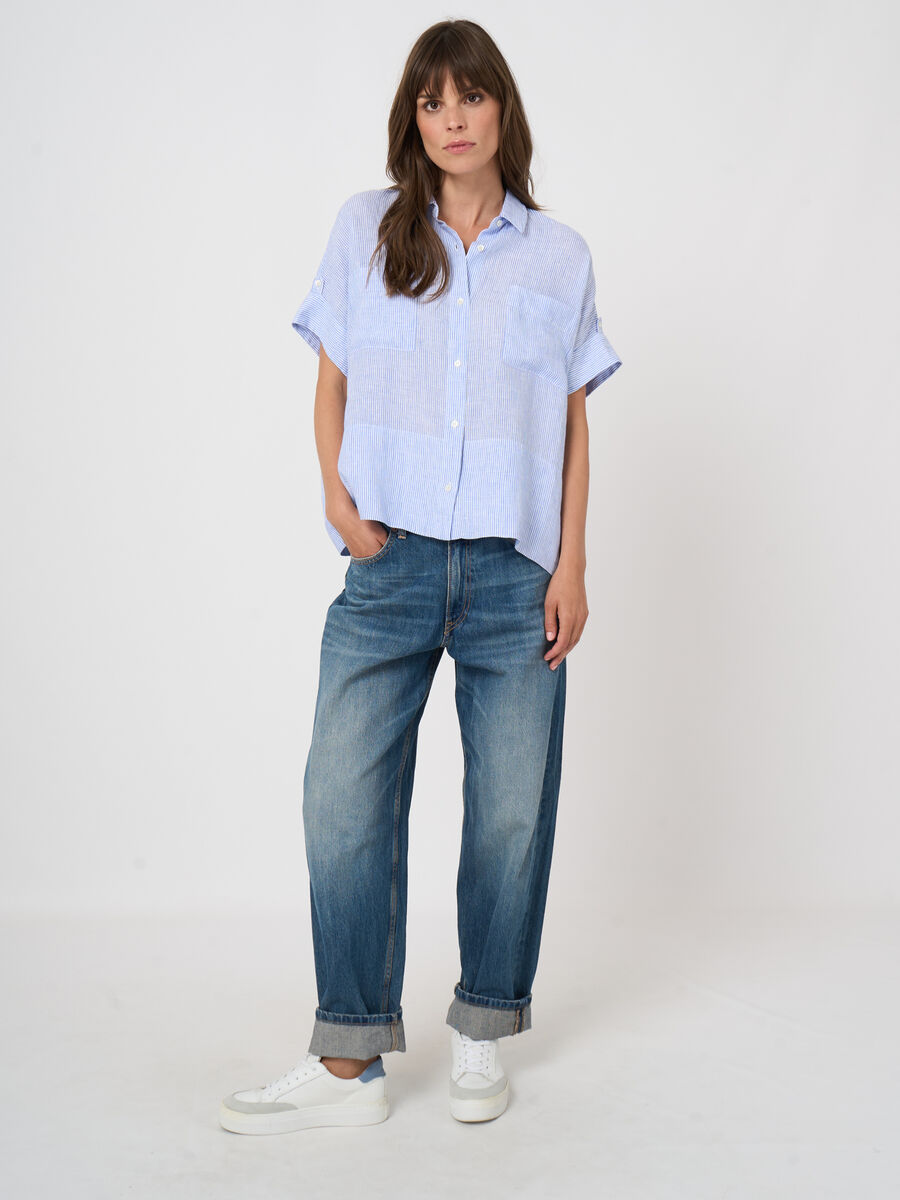 Gestreifte Damen-Boxy-Bluse aus reinem Leinen image number 6