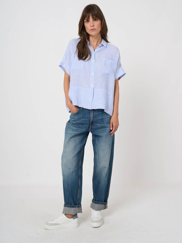 Gestreifte Damen-Boxy-Bluse aus reinem Leinen image number 6