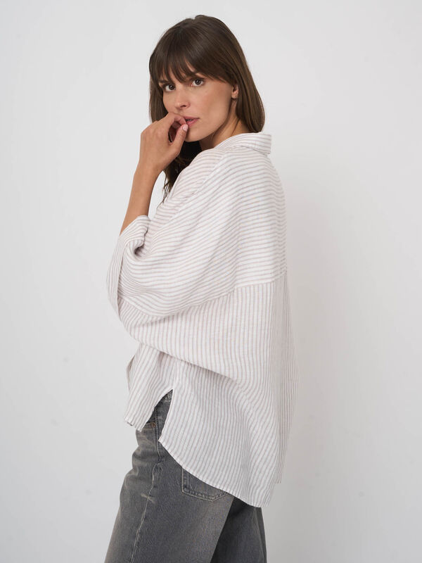 Damen Leinenbluse gestreift mit Fledermaus&auml;rmeln image number 0