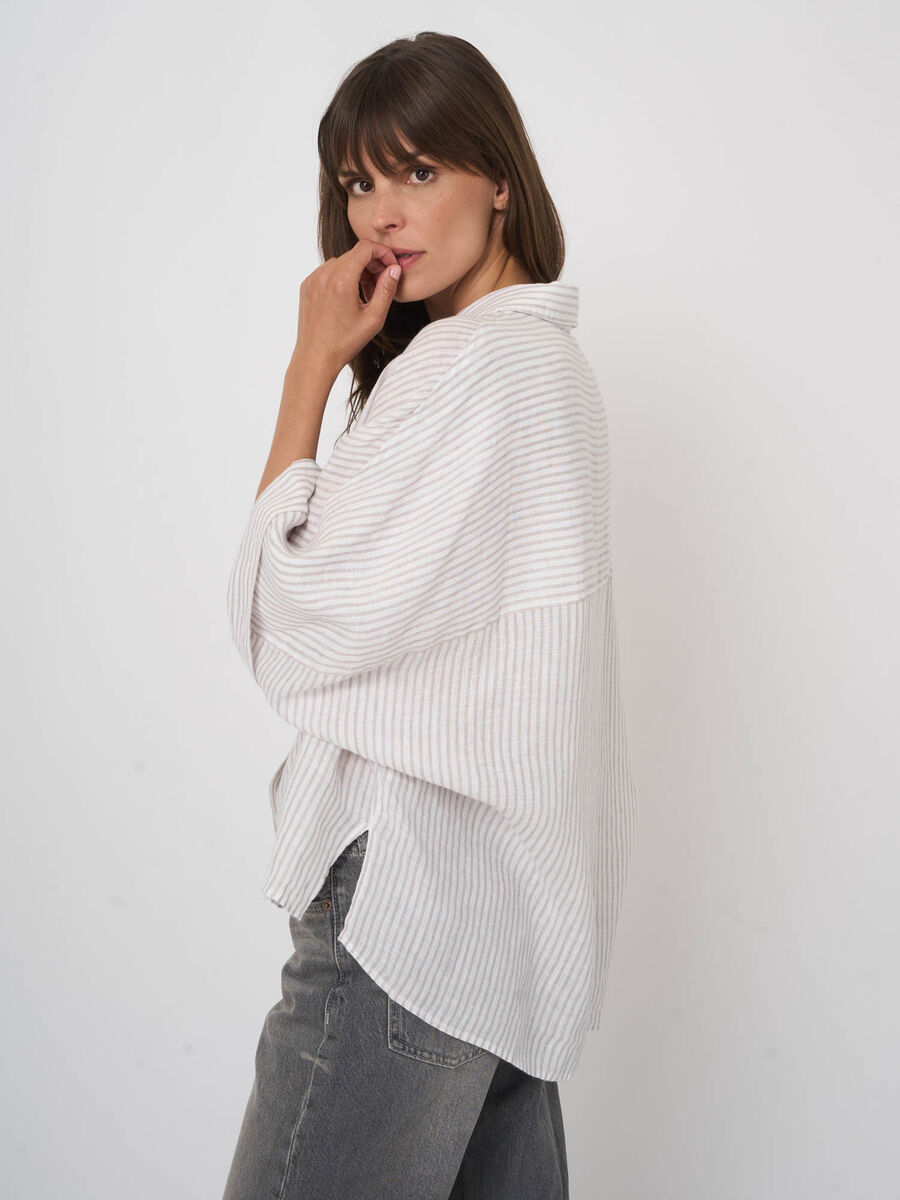 Blouse femme en lin ray&eacute;e &agrave; manches chauve-souris image number 0