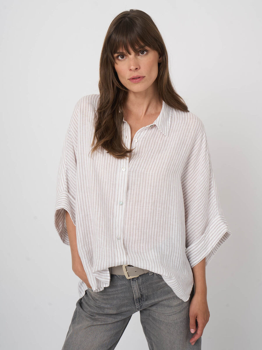 Blouse femme en lin ray&eacute;e &agrave; manches chauve-souris image number 1
