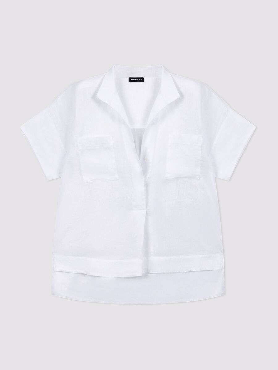 Blouse femme en lin brod&eacute;e, manches chauve-souris image number 3