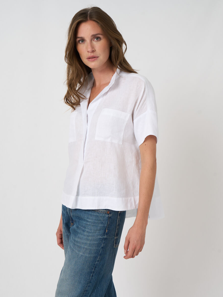 Blouse femme en lin brod&eacute;e, manches chauve-souris image number 6