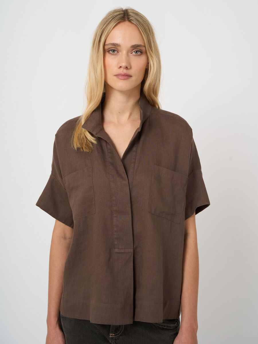 Blouse femme en lin brod&eacute;e, manches chauve-souris image number 1