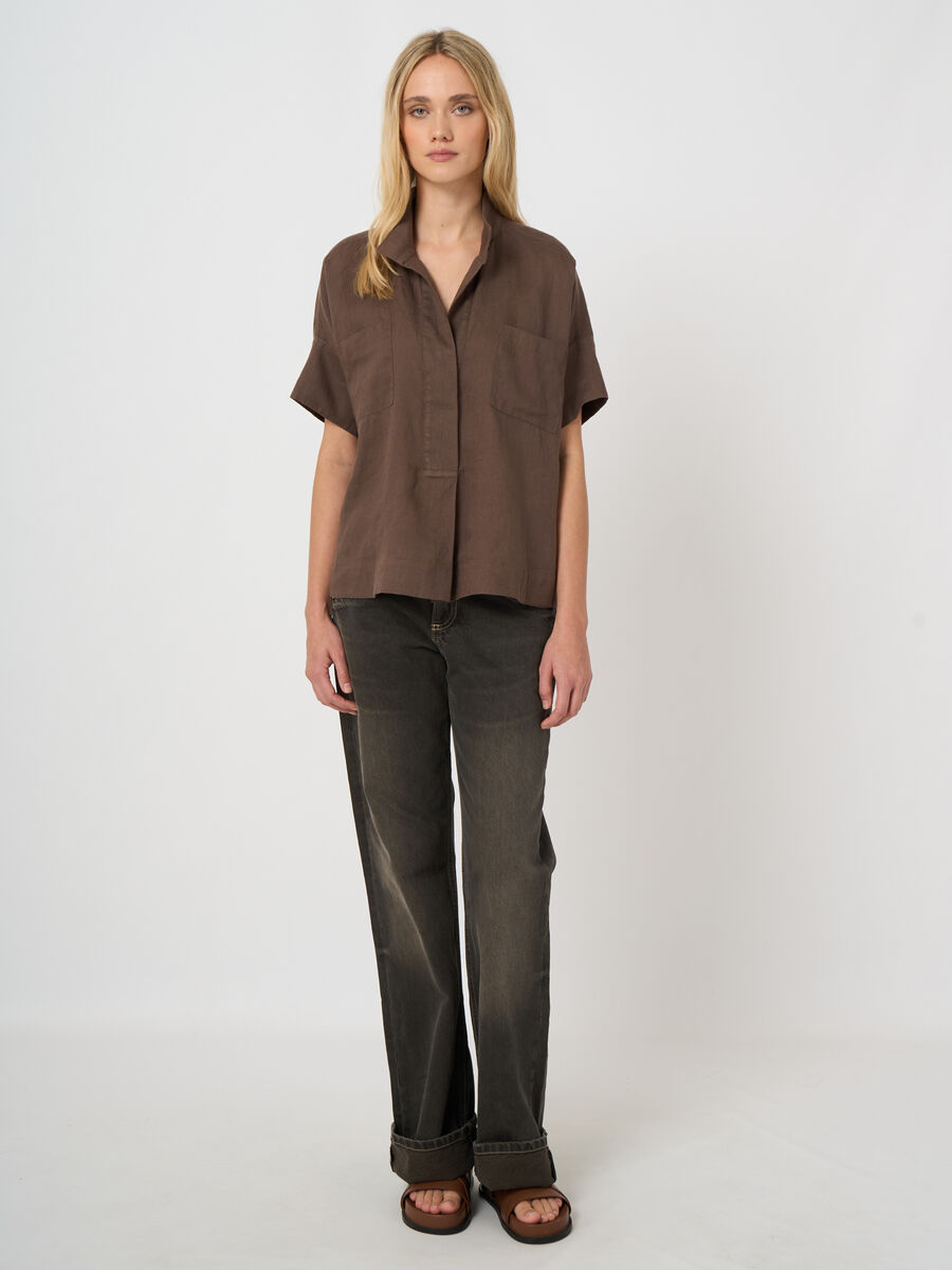 Blouse femme en lin brod&eacute;e, manches chauve-souris image number 2