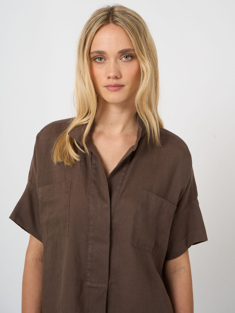 Blouse femme en lin brod&eacute;e, manches chauve-souris image number 3