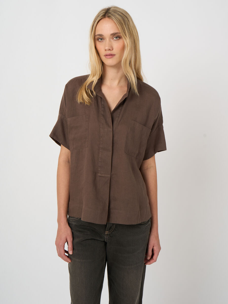 Blouse femme en lin brod&eacute;e, manches chauve-souris image number 4