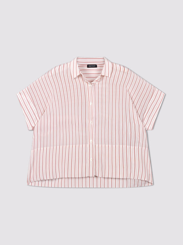 Gestreepte damesblouse van pure zijde, korte mouwen image number 0