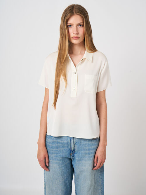 Stretch Silk Short-Sleeve Blouse with Chest Pocket