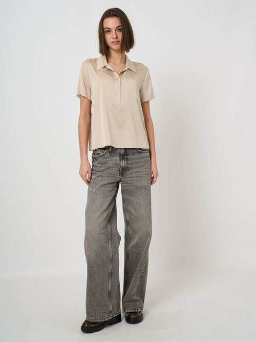 Stretch Silk Short-Sleeve Blouse with Chest Pocket