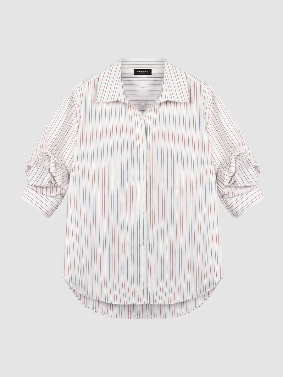 Gestreifte Baumwollbluse mit Plissee&auml;rmeln image number 0