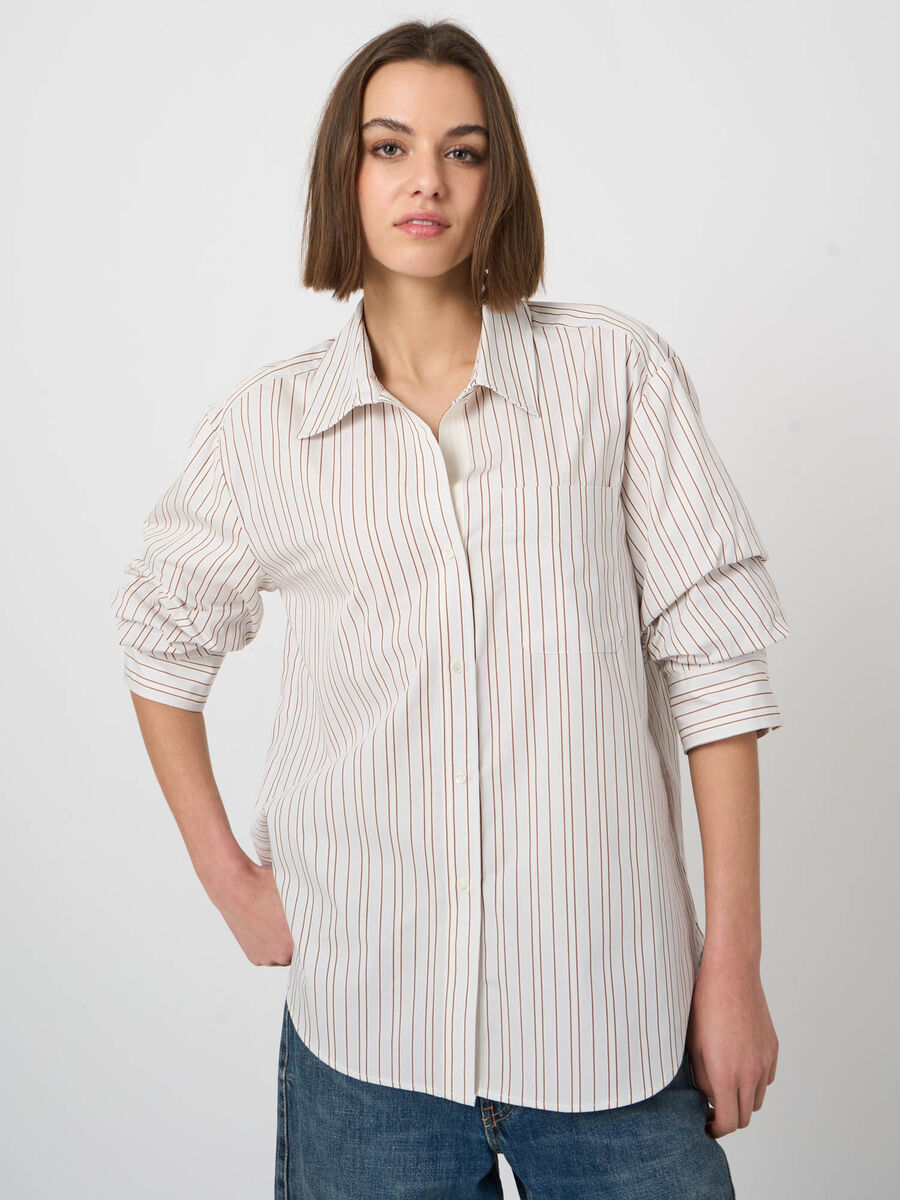 Gestreifte Baumwollbluse mit Plissee&auml;rmeln image number 2