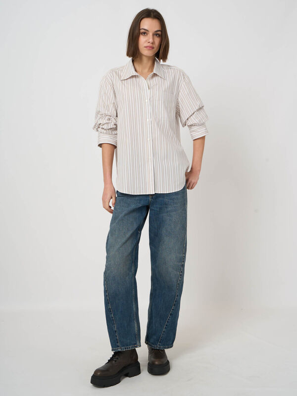 Gestreifte Baumwollbluse mit Plissee&auml;rmeln image number 4