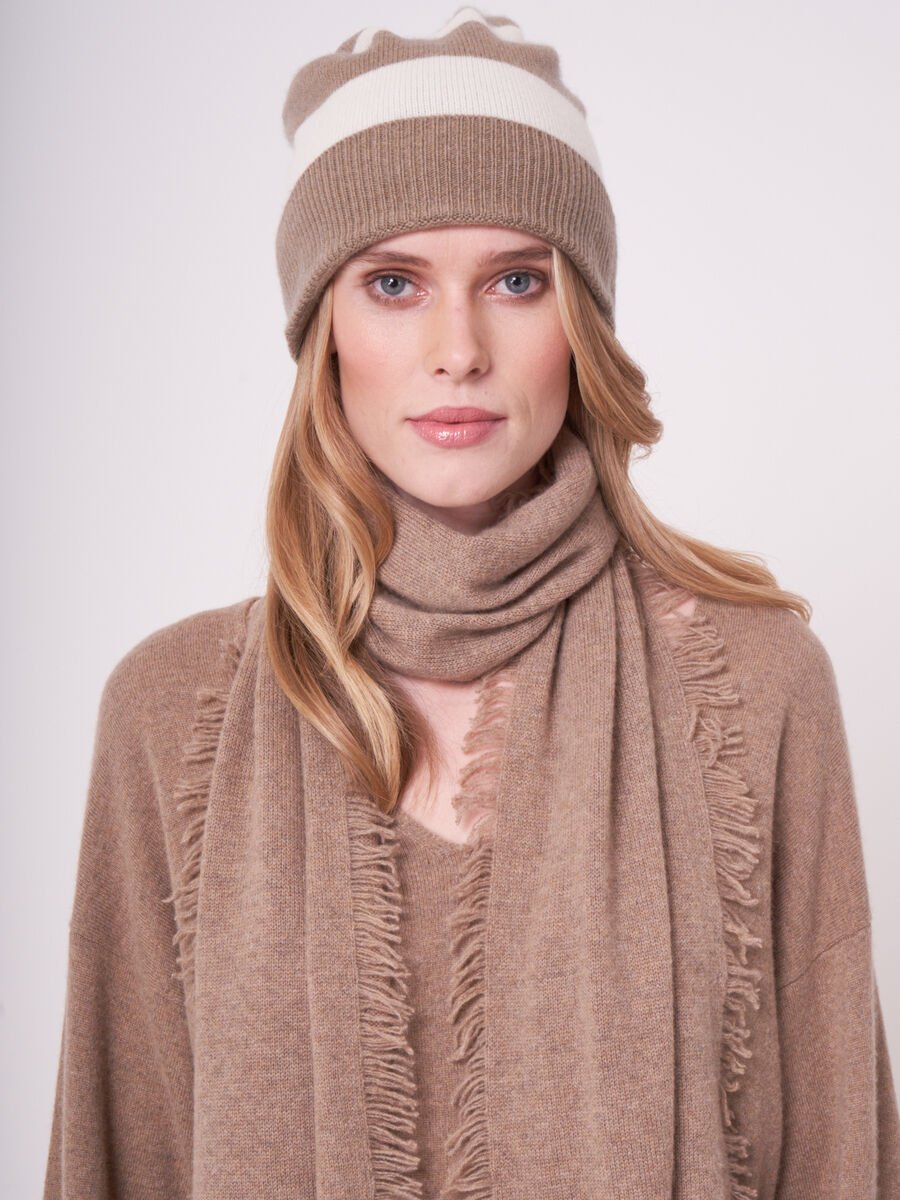 Cashmere blend knitted hat with pompom and stripes image number 0
