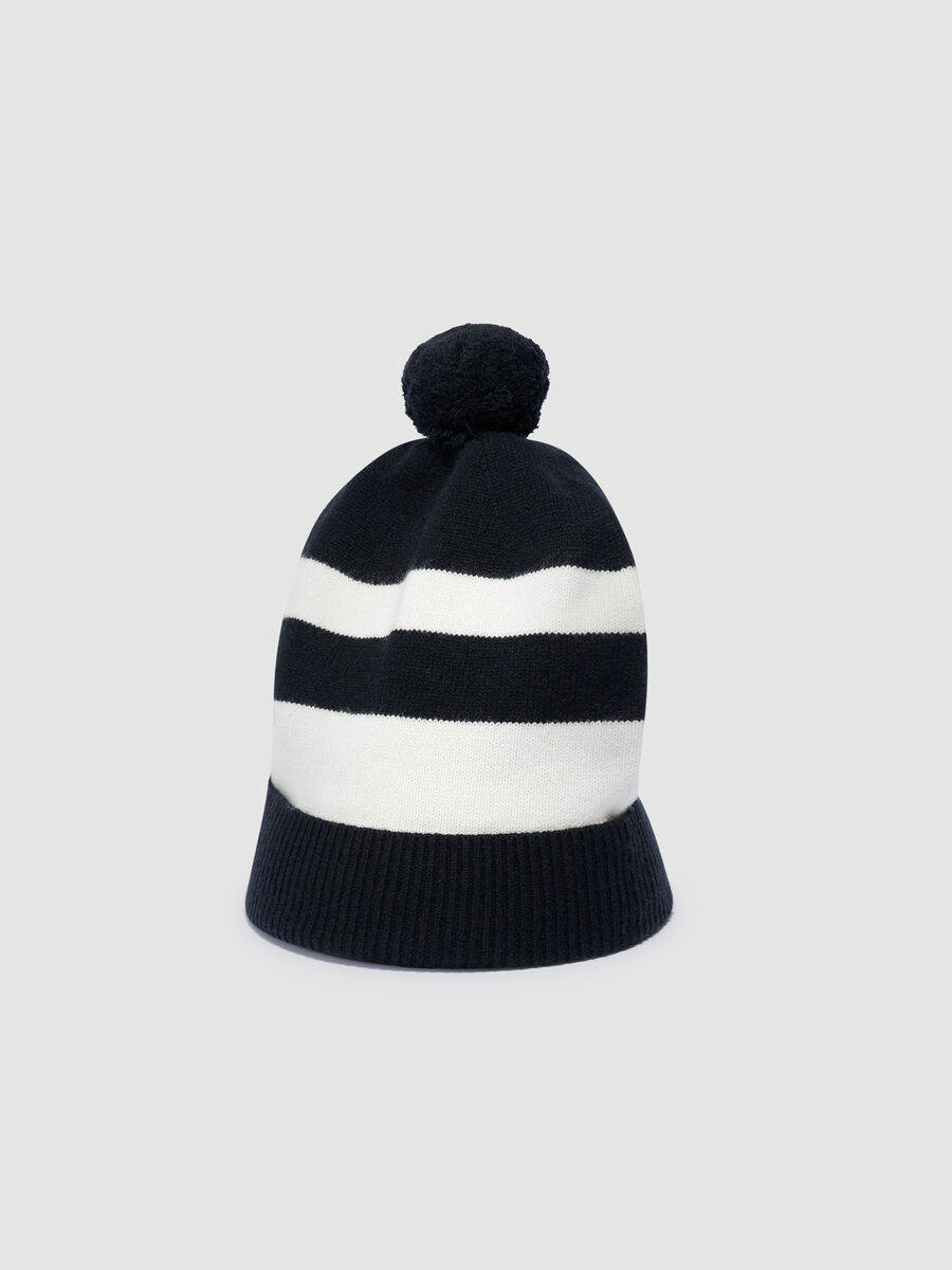 Cashmere blend knitted hat with pompom and stripes image number 0