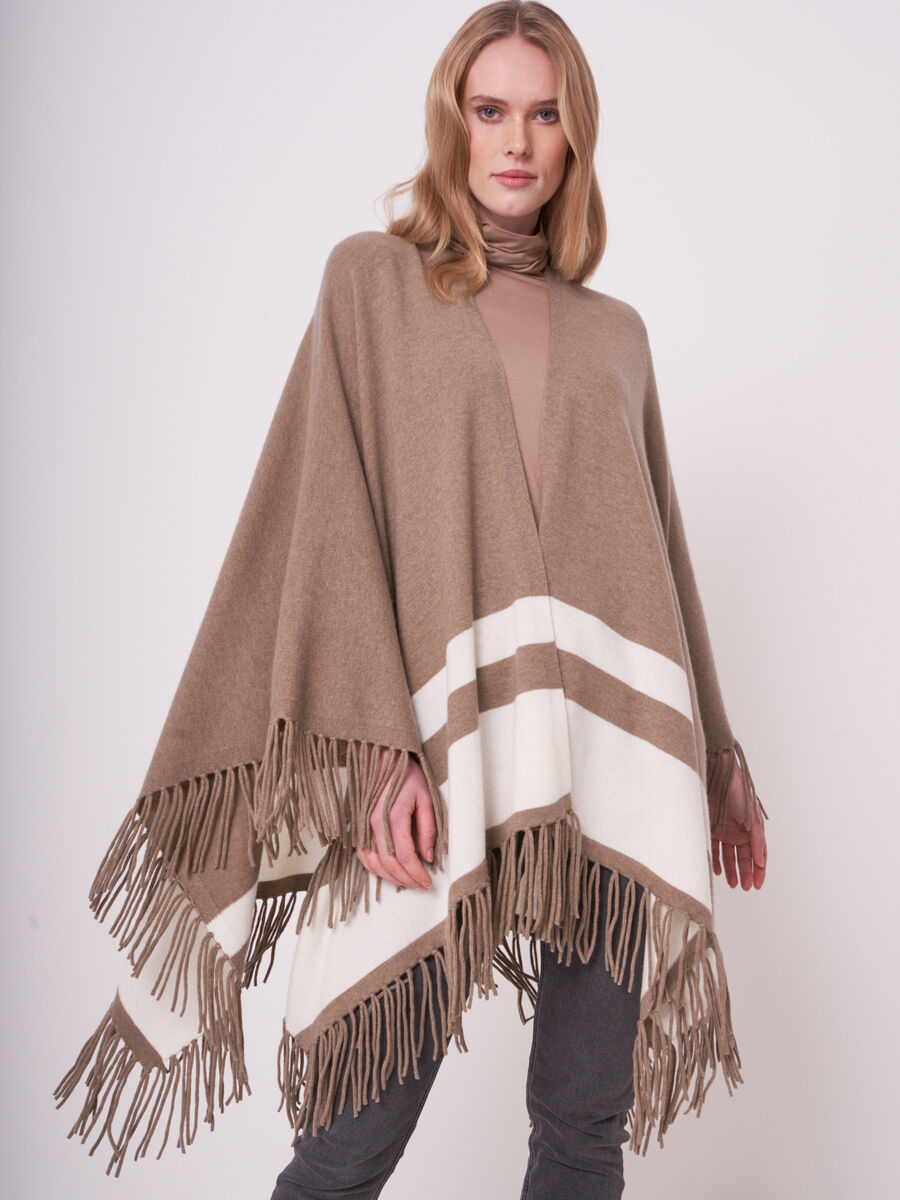 Cashmere blend knitted cape with stripes and fringes image number 0