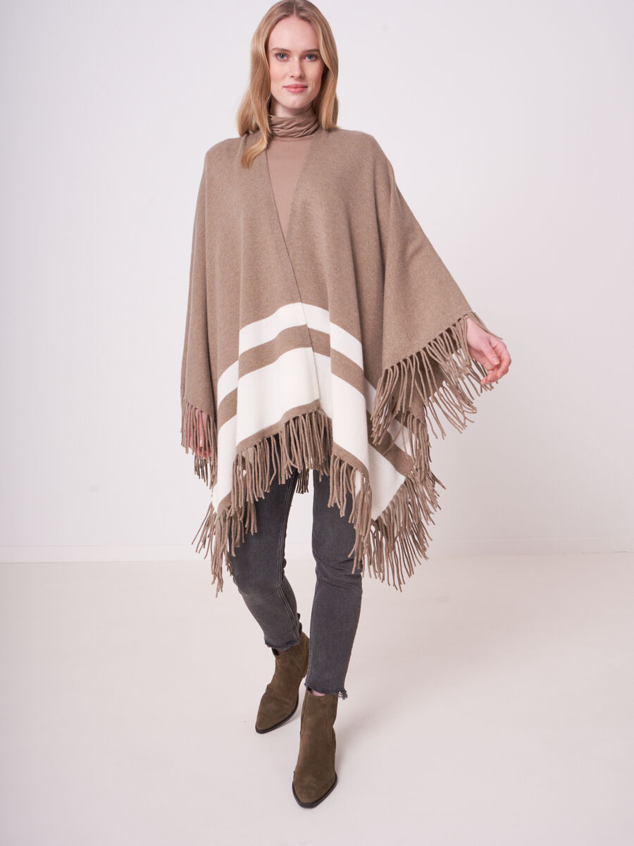 Cashmere blend knitted cape with stripes and fringes image number 3
