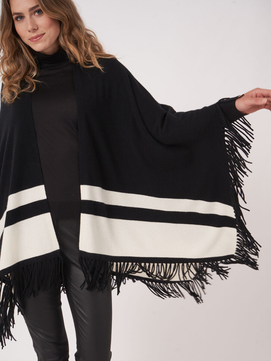 Cashmere blend knitted cape with stripes and fringes image number 2