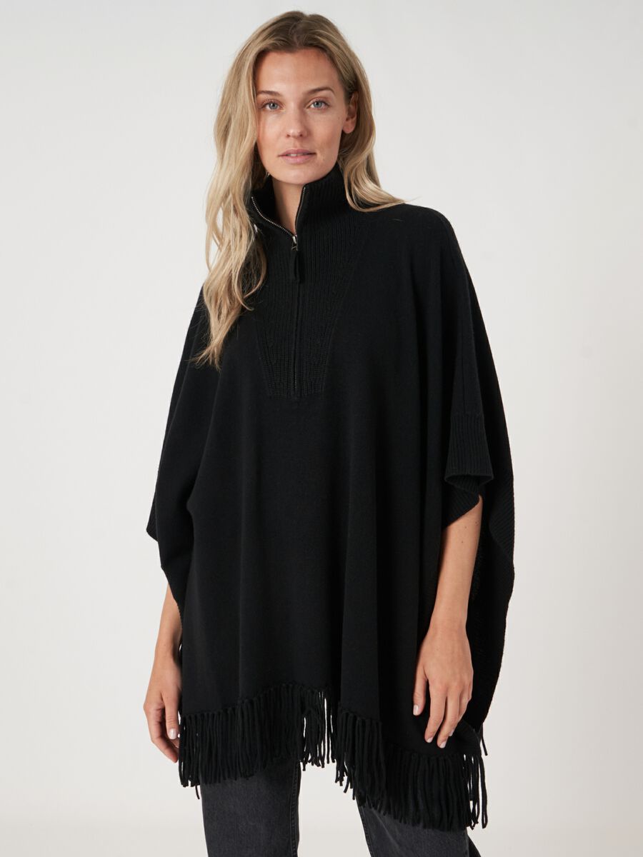 Fringed poncho with knitted zip-up collar image number 0