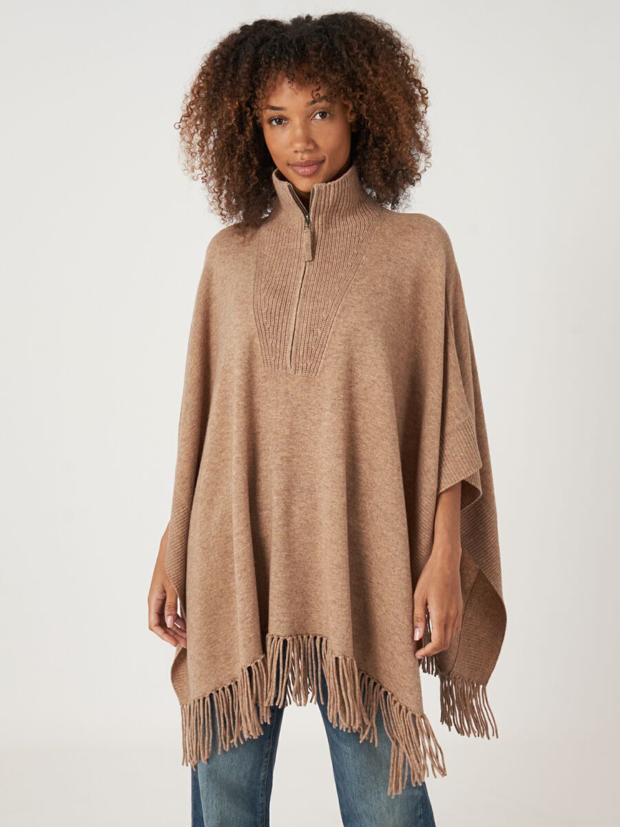 Fringed poncho with knitted zip-up collar image number 0