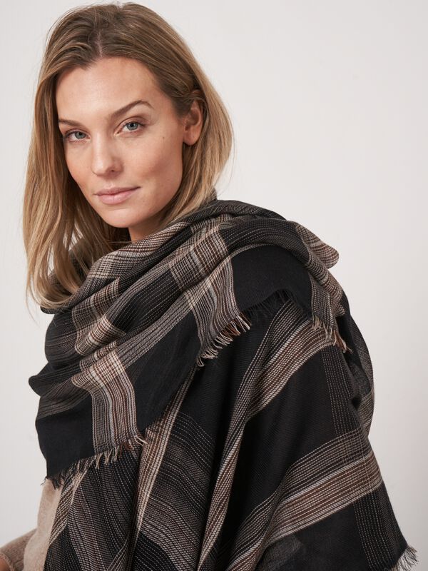 Écharpe carrée à motif à carreaux et ourlet à franges en cachemire mélangé image number 3
